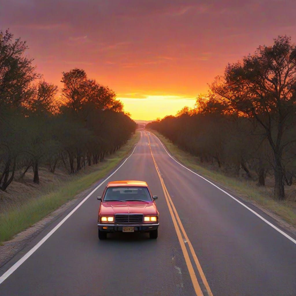 Surreal Drive Home Scene with Red Phoenix Rising