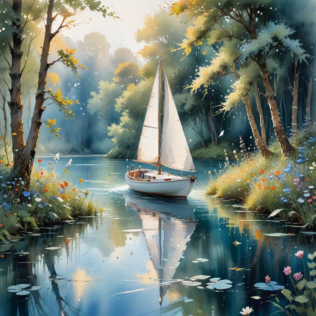 Dreamy Watercolour Sailing Boat on Lake