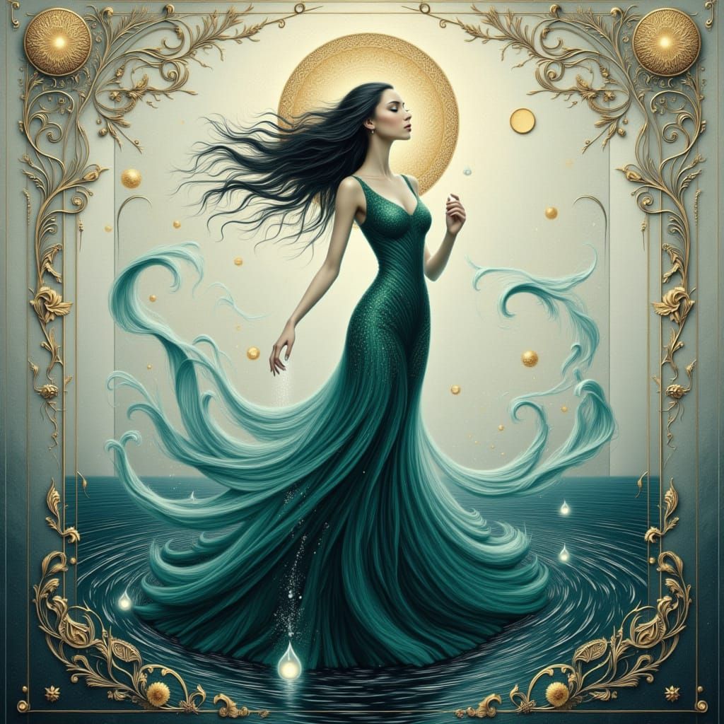 Water Nymph Emerges in Klimt Style with Gold Leaf