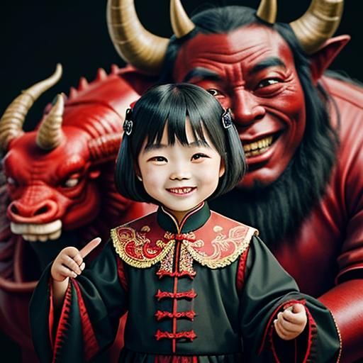 Vintage Photo: Child Conversing with Horned Demon