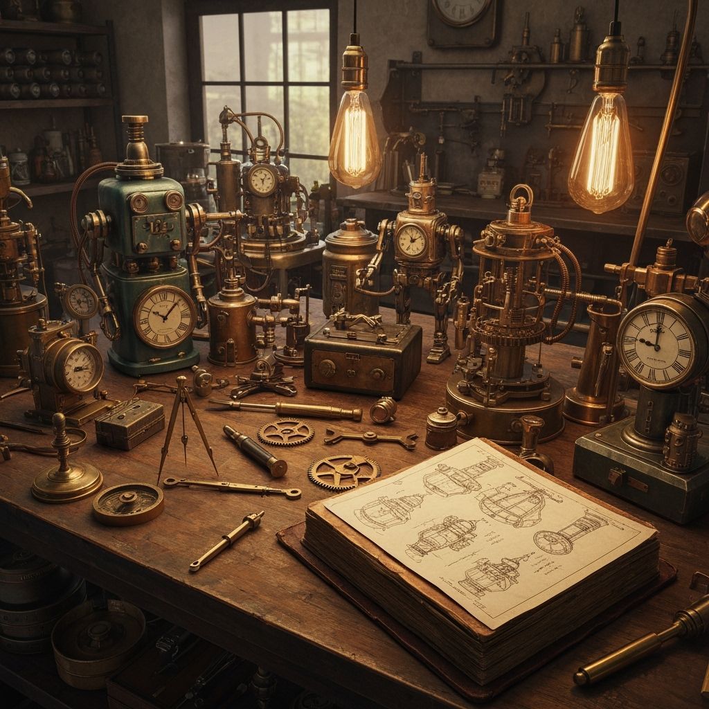 Steampunk Gadgets on Workshop Table in Retro-Futuristic Styl...