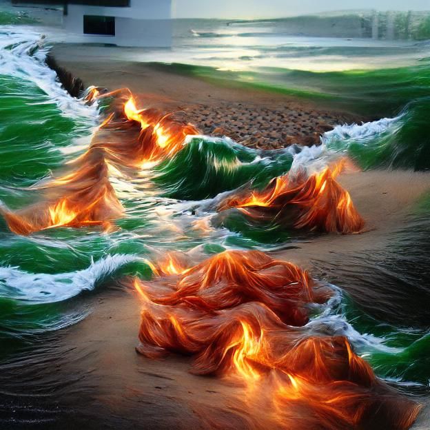 Fiery Waves Crash on Green Beach in Hyperrealism