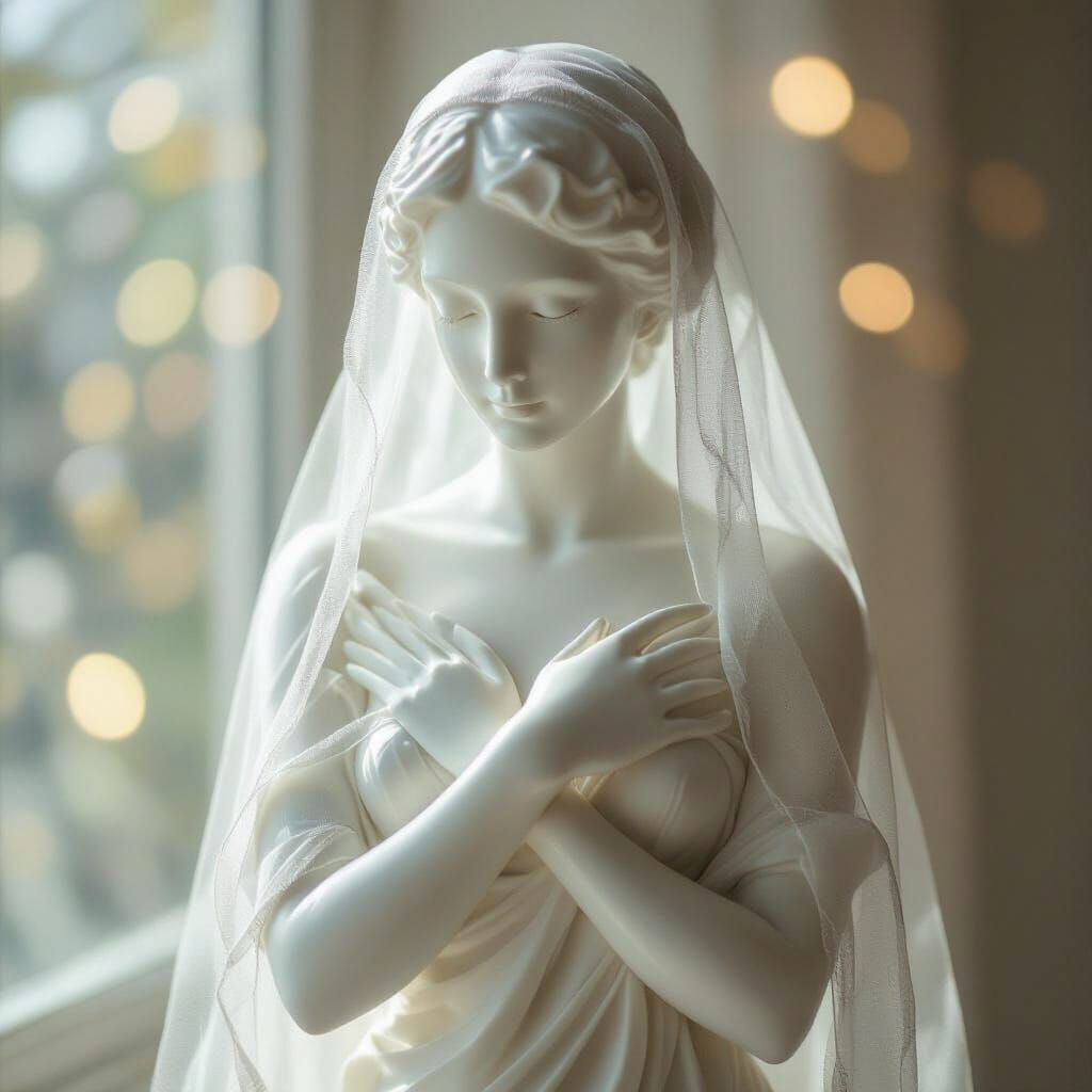 Porcelain Woman Statue with Gossamer Veil in Soft Daylight