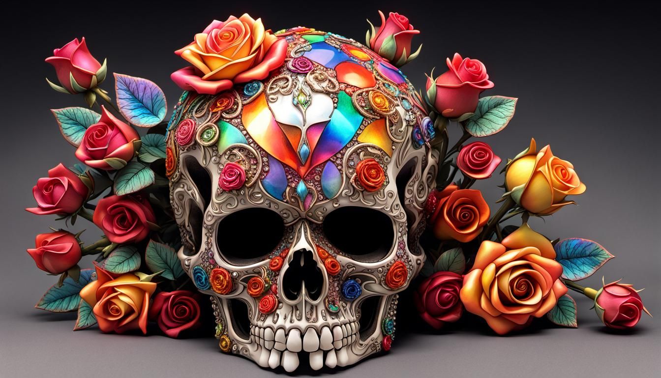 Fire Skull and roses in style of Bob Thomas, Wes Wilson, Stanley “Mouse” Miller extremely detailed multicolored INTRICAT...