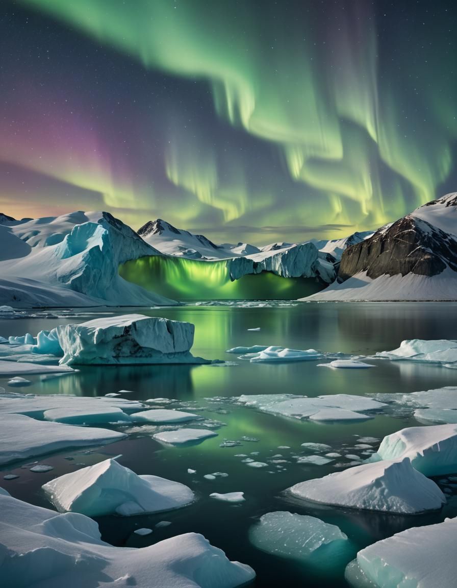 Arctic Northern Lights Over Icebergs: Digital Matte Painting