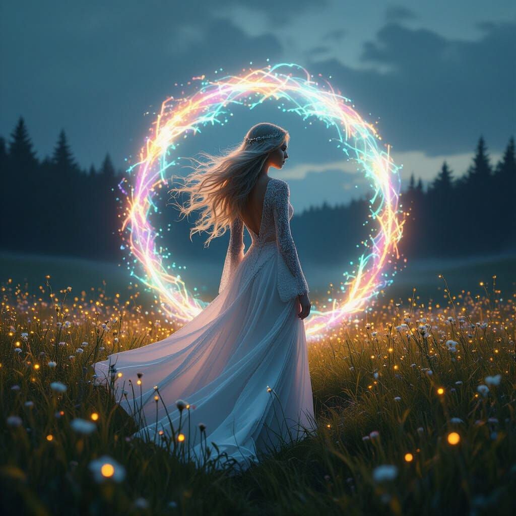 A solitary, elegant woman with flowing, ethereal hair stands...