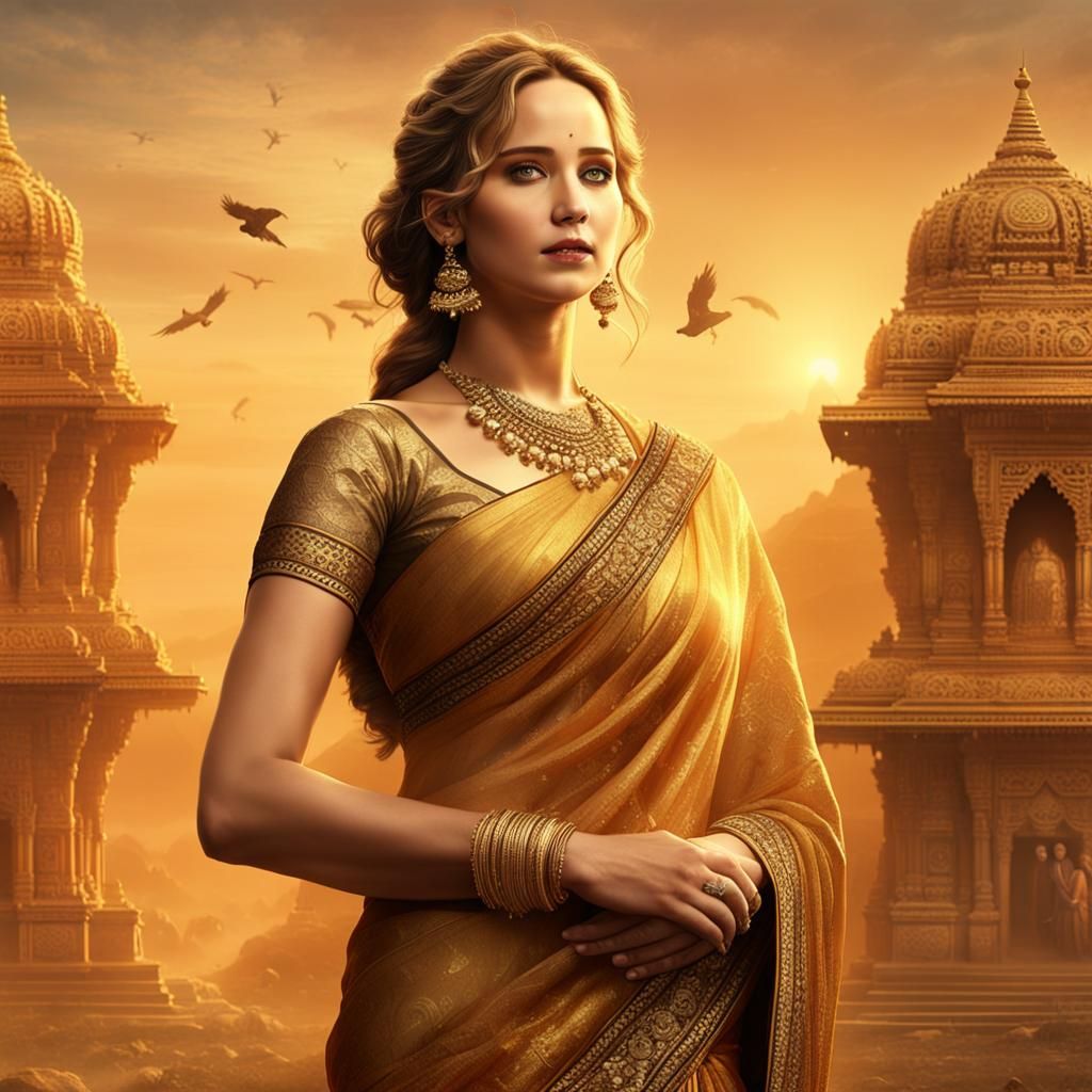 Jennifer Lawrence in Golden Saree with Temple Backdrop