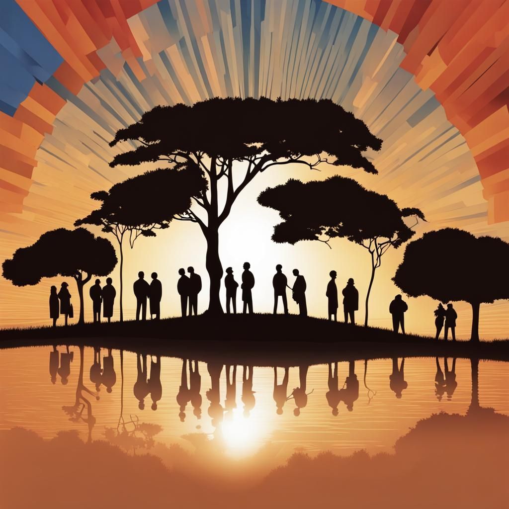 Silhouettes of Diverse People at Sunrise: 1990s Art