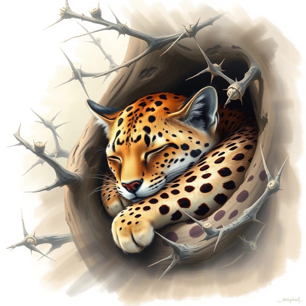 Ocelot Sleeping in Thorn Forest as Pastel Drawing