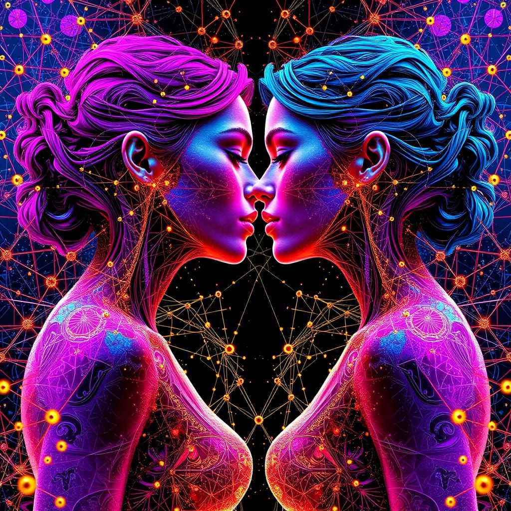 Fractured Quantum Kiss in Vibrant Digital Realism