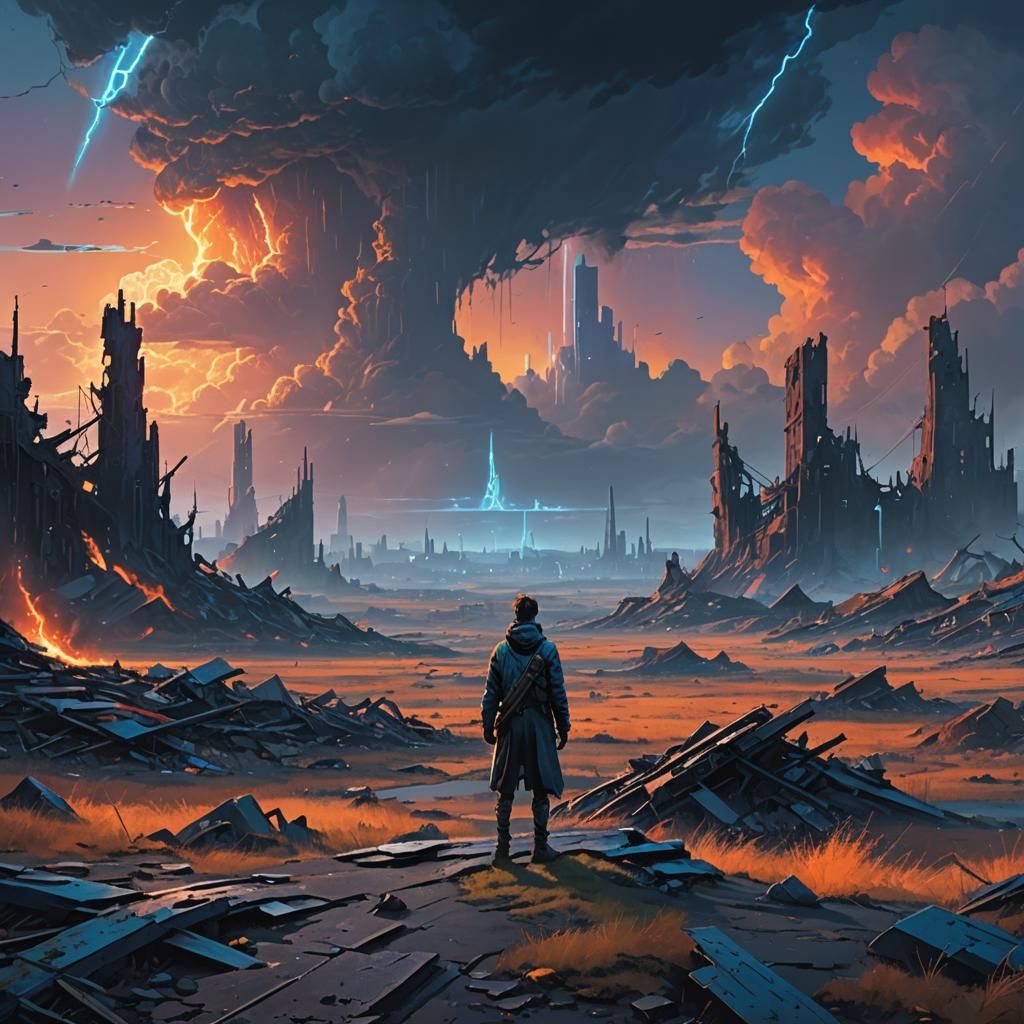 Epic Fantasy Figure in Ravaged Landscape