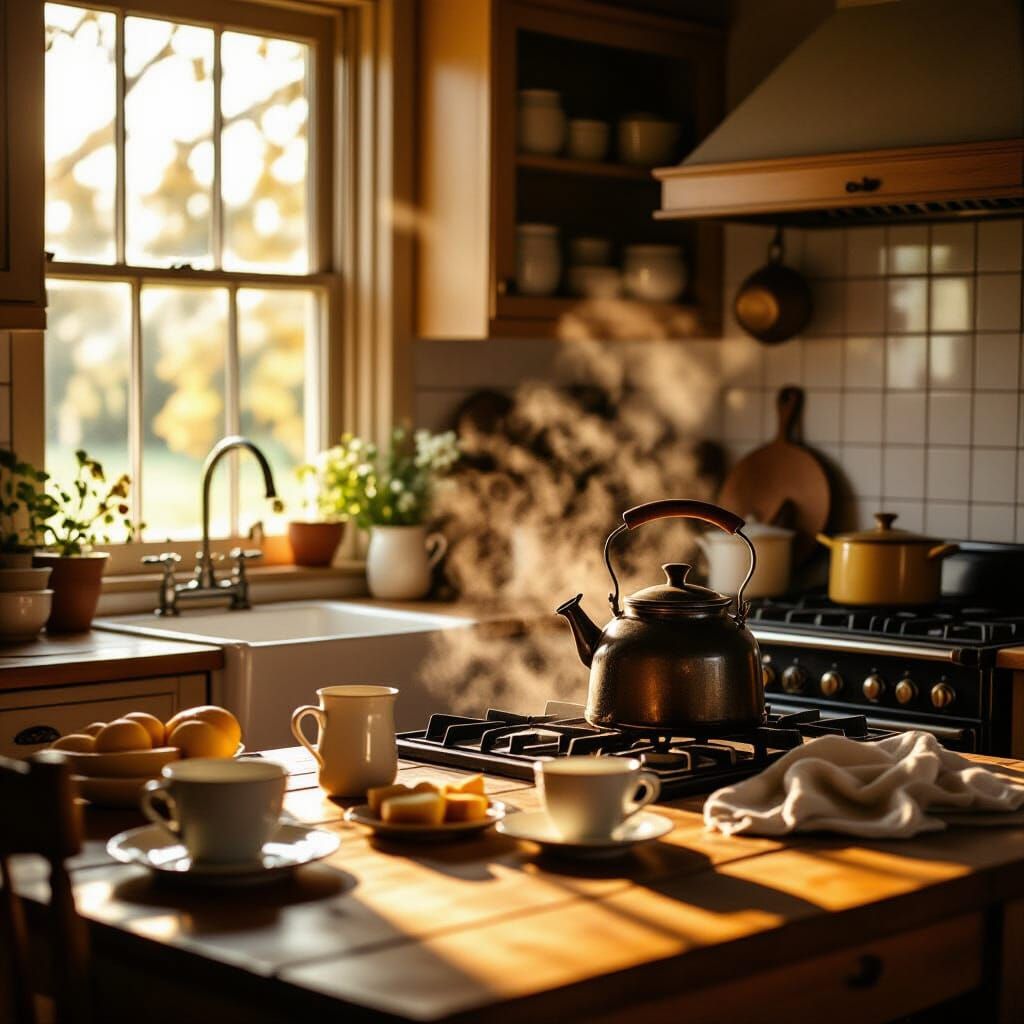 Golden Morning Light in a Nostalgic Country Kitchen