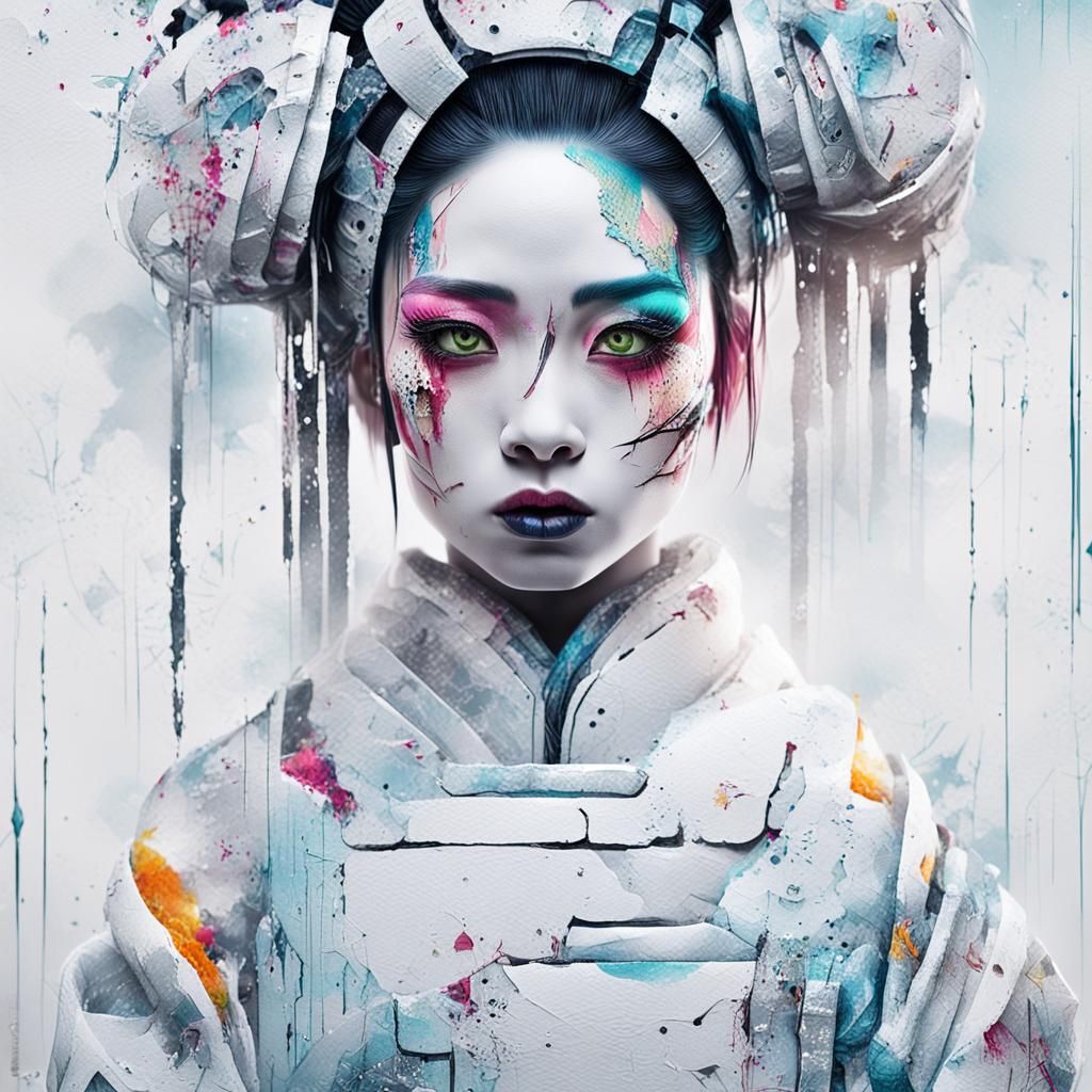 Cybergoth Geisha Portrait in Mixed Media Style