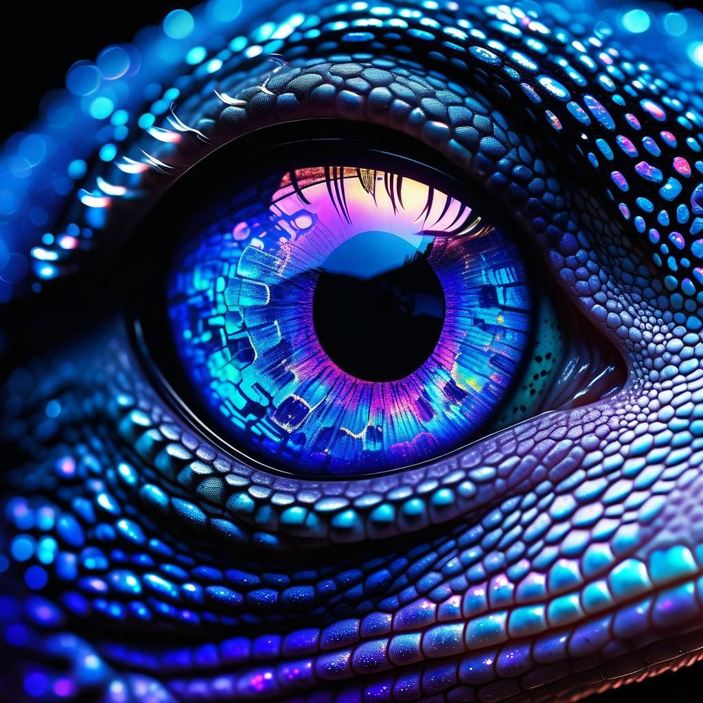 Cyberpunk Gecko Eye Reflects Shimmering Galaxy
