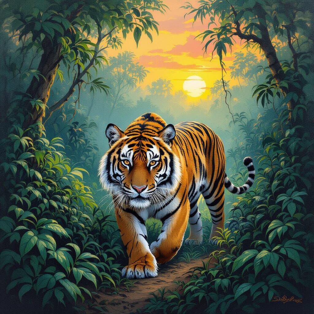 Bengal Tiger Prowls Jungle in Wildlife Painting Style