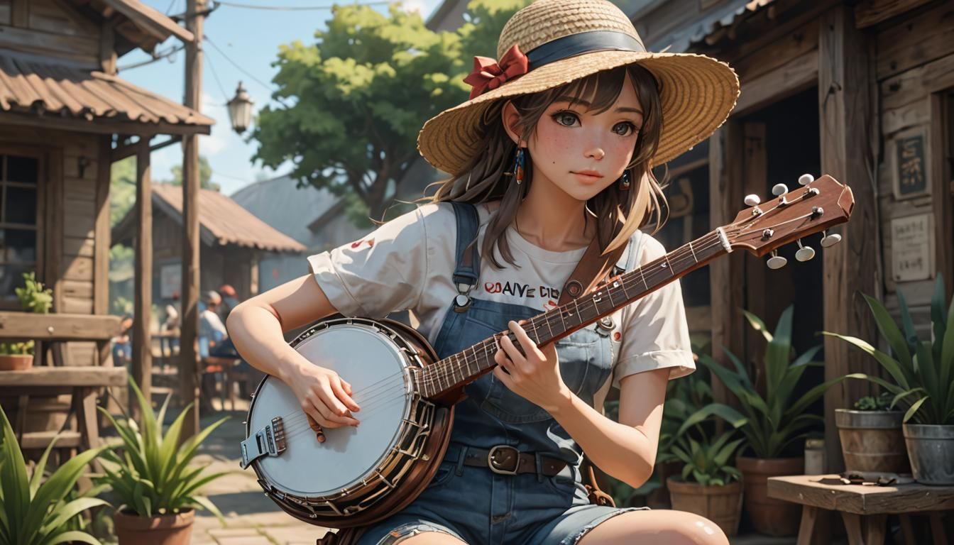 Girl Playing Banjo: Detailed 3D Anime Art
