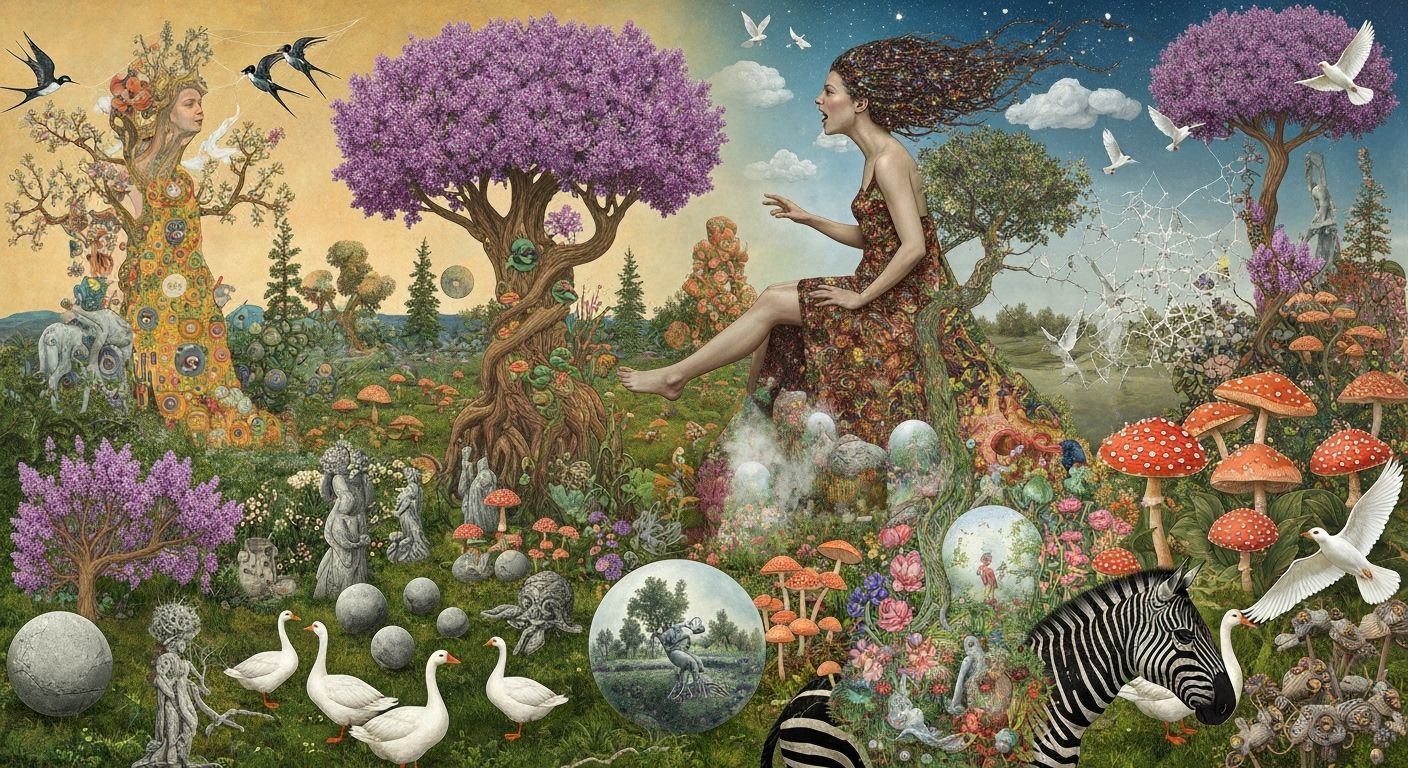 Goddess of Life Rides Zebra Through Surreal Cosmic Landscape