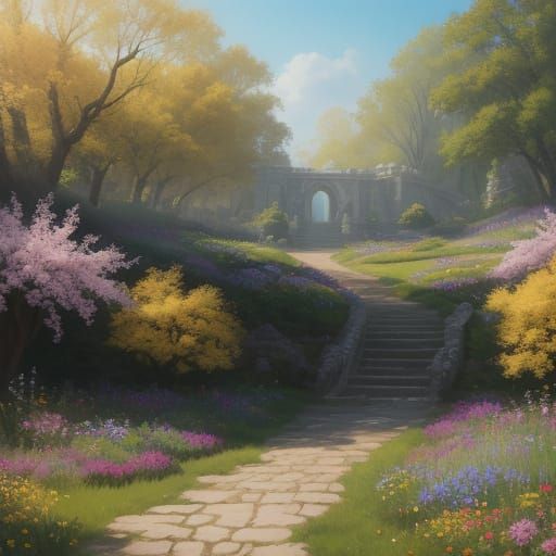 Fantasy Lady Alighting Car in Golden Garden Light