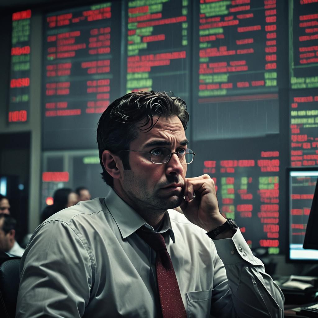 Stressed Worker Watches Stock Market Crash