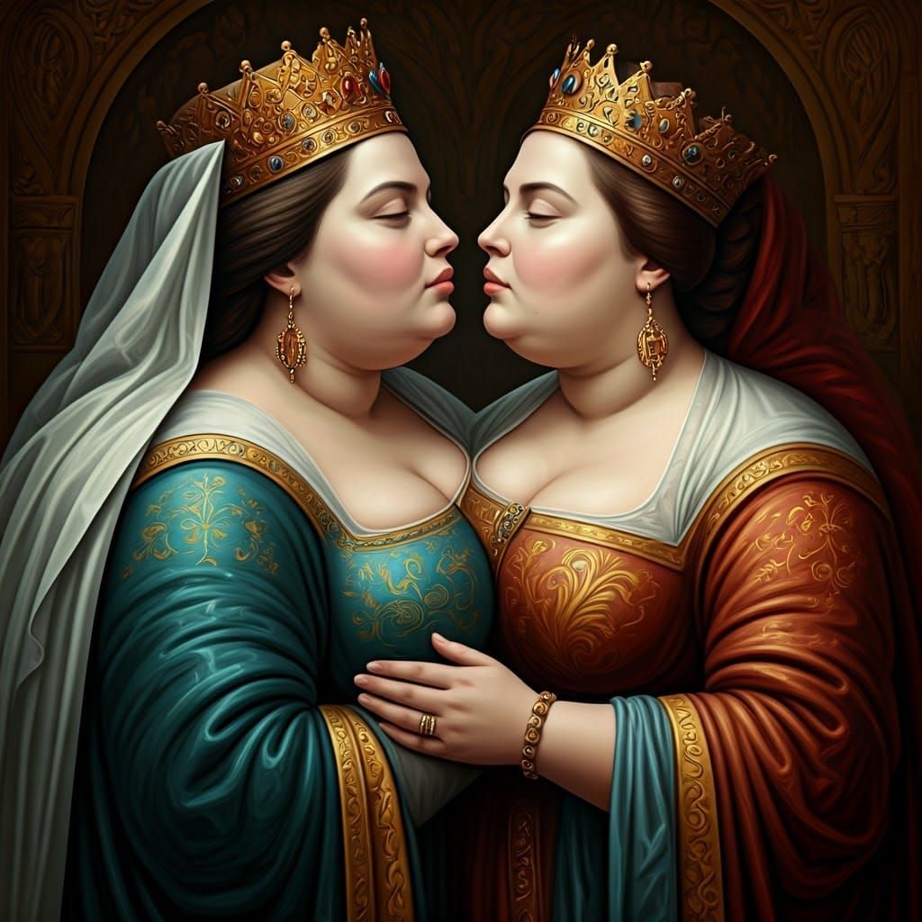 Two Medieval Empresses Embrace in Vibrant Colors