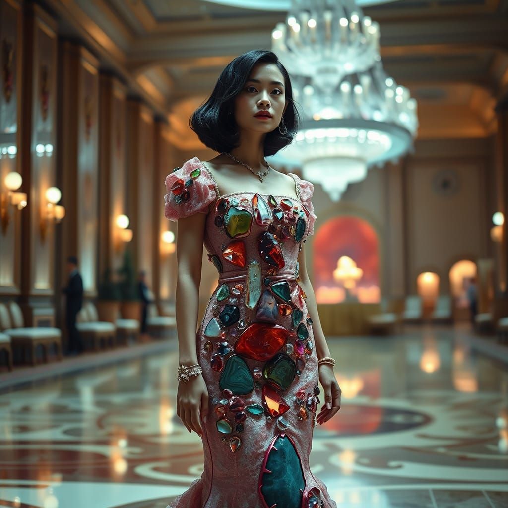 Woman in Crystal Geode Mermaid Dress, Grand Ballroom Setting...