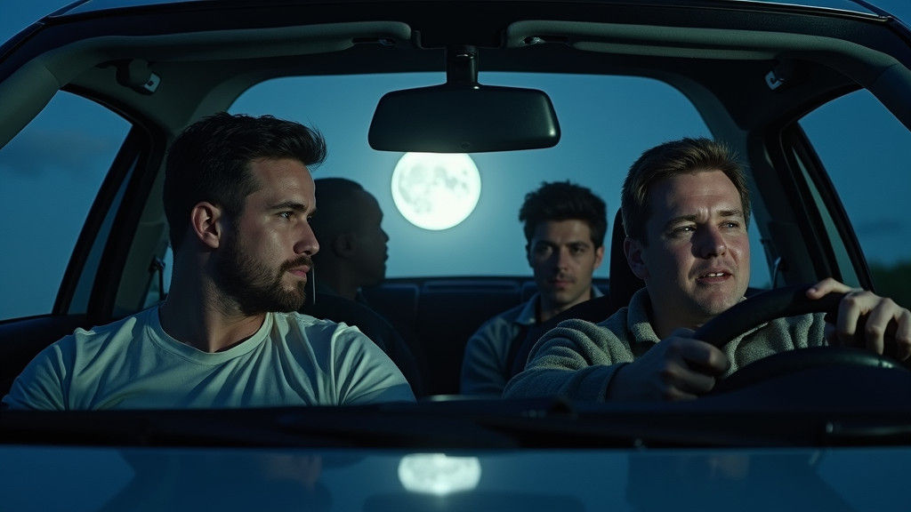 Night Ride: Men Driving Under a Full Moon