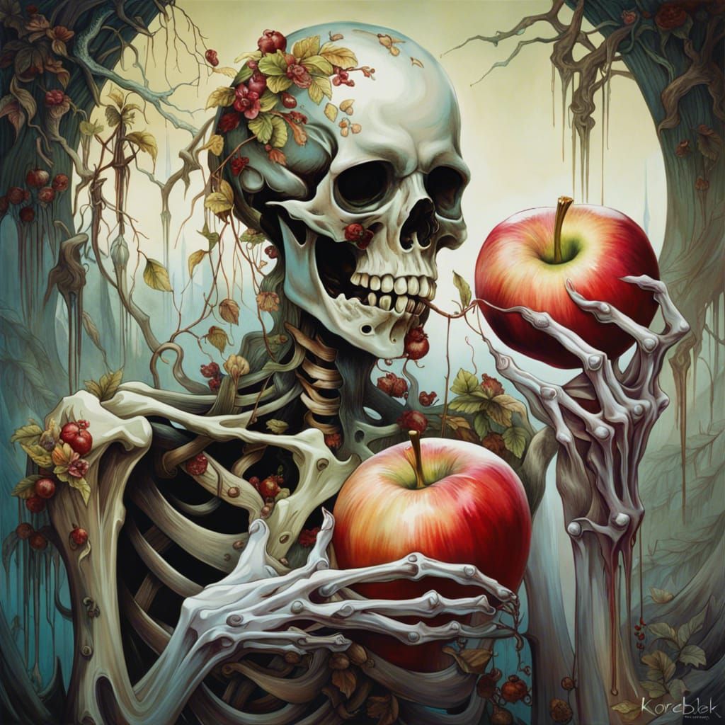 Macabre Zombie Grasps Rotten Apple: A Surreal Image