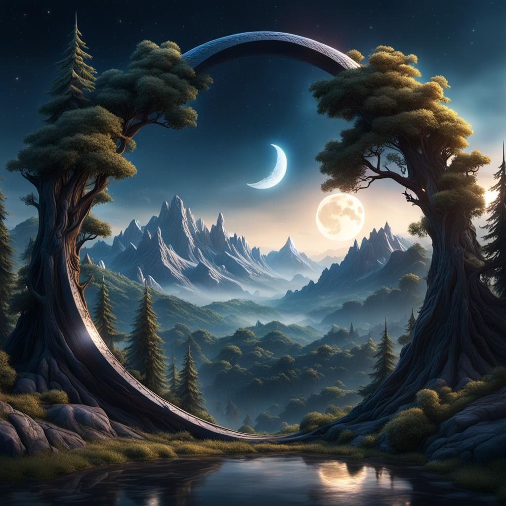 Crescent Moon Landscape: Detailed Matte Painting