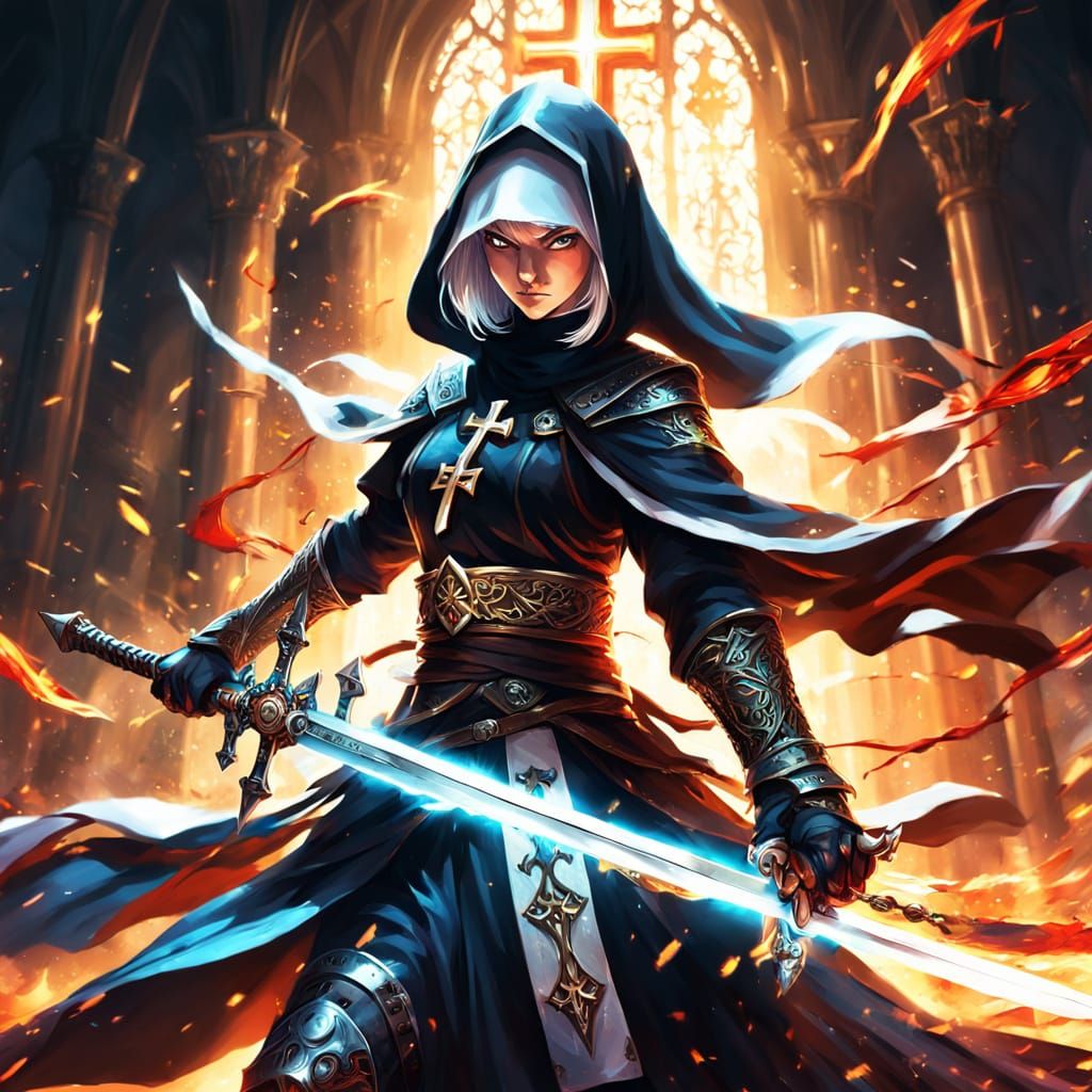 Anime Battle Nun with Glowing Sword in Dynamic Pose