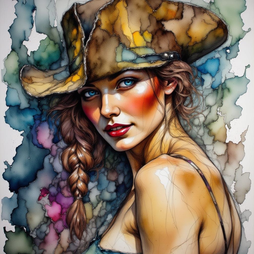 Rugged Pirate Portrait, Icy Blue Eyes, Alcohol Ink Style