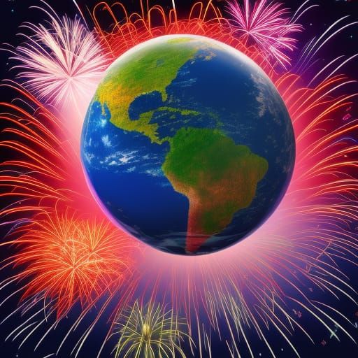 Earth Globe Celebrates with Fireworks in Neon Style