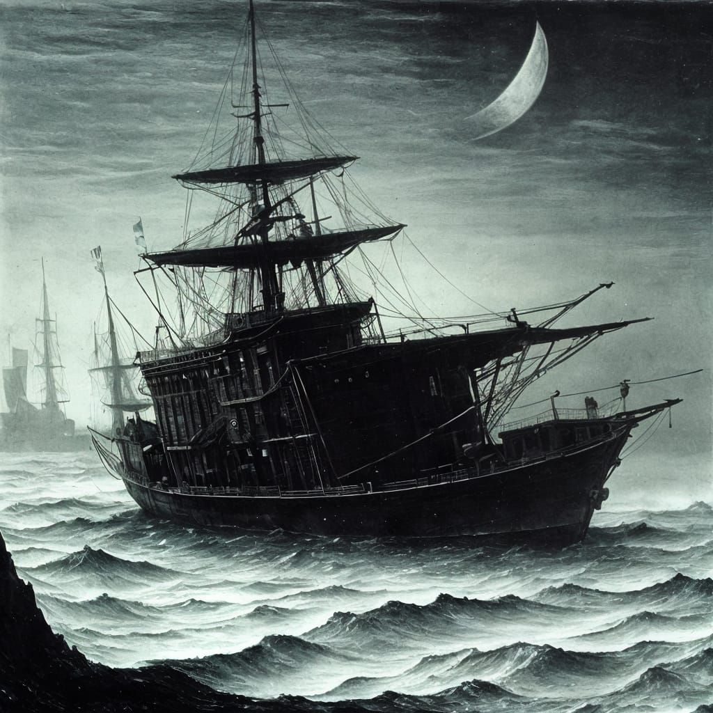 Ghostly Pirate Ship in Moonlit Fog