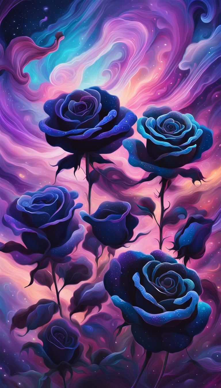 Ethereal Black Roses in Cosmic Glow