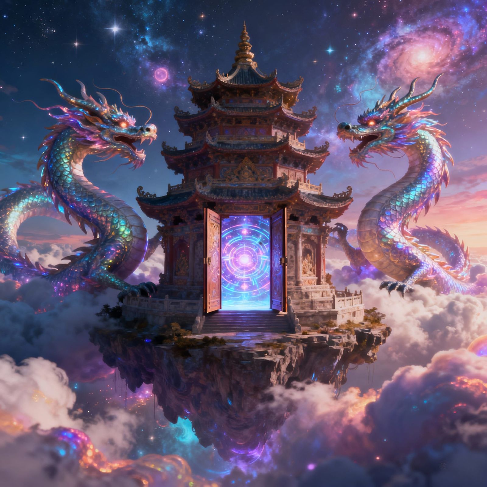 Ancient Pagoda Floating in Cosmic Clouds Guarded by Dragons