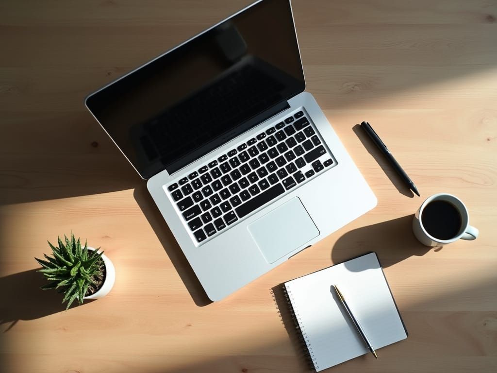 Minimalist Workspace with Laptop and Coffee, Top View