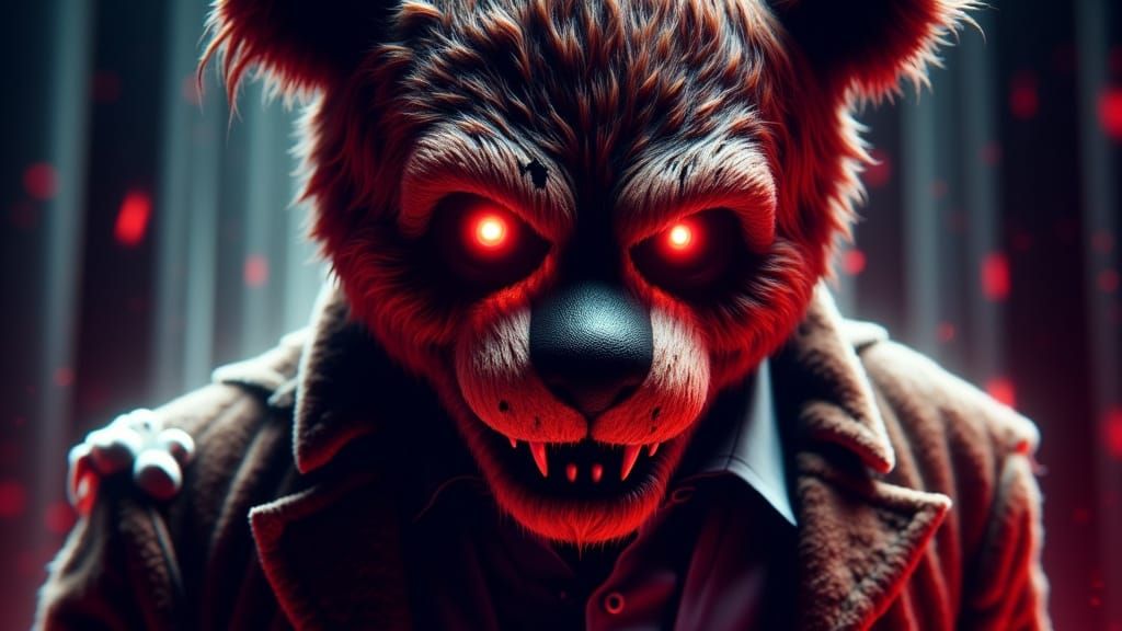 Freddy Fazbear's Menacing Figure in Cyberpunk Horror Style