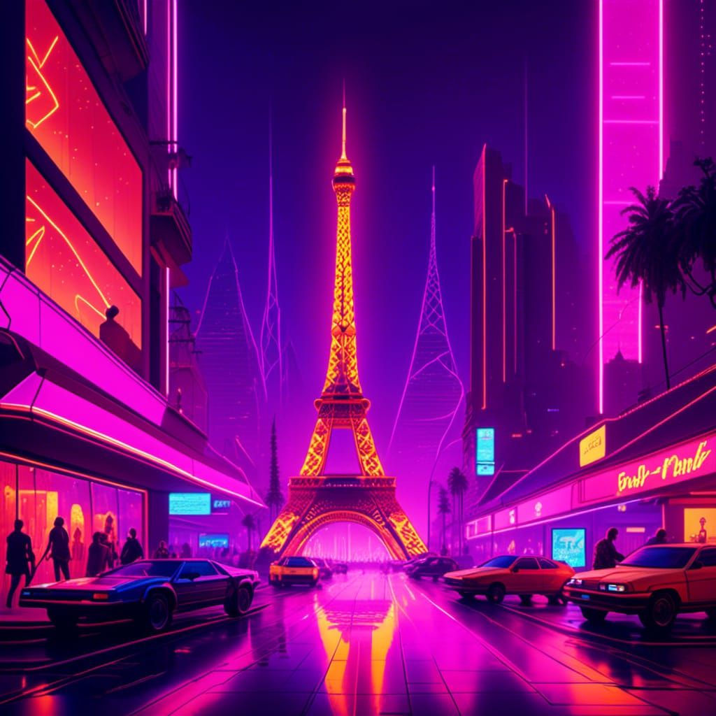 Futuristic Eiffel Tower in Neon Cityscape