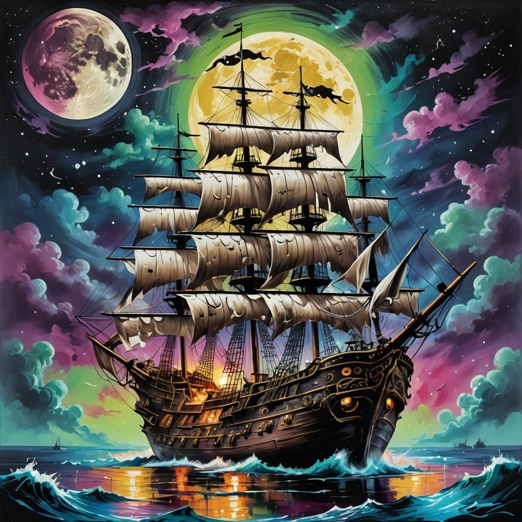 Pirate Ship at Night in Graffiti Splash Art Style