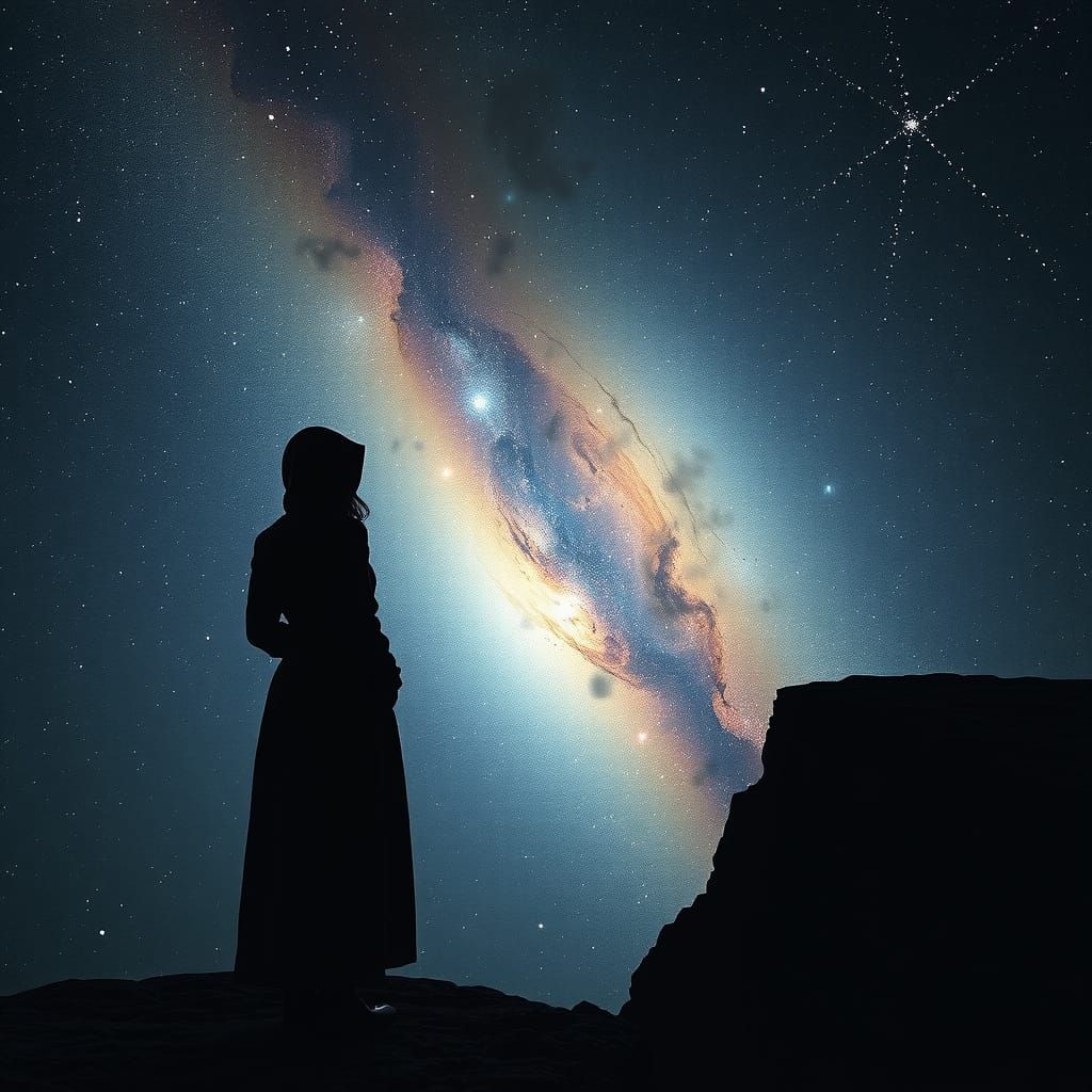 Mysterious Woman Contemplating the Cosmos in a Haunting Land...