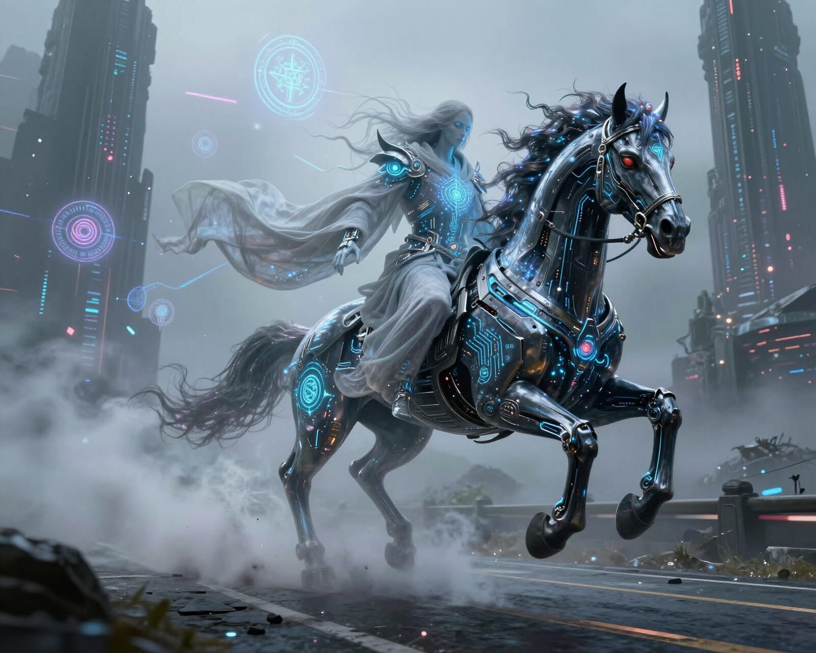 Spectral Ghost and Biomechanical Horse on Cyber Road