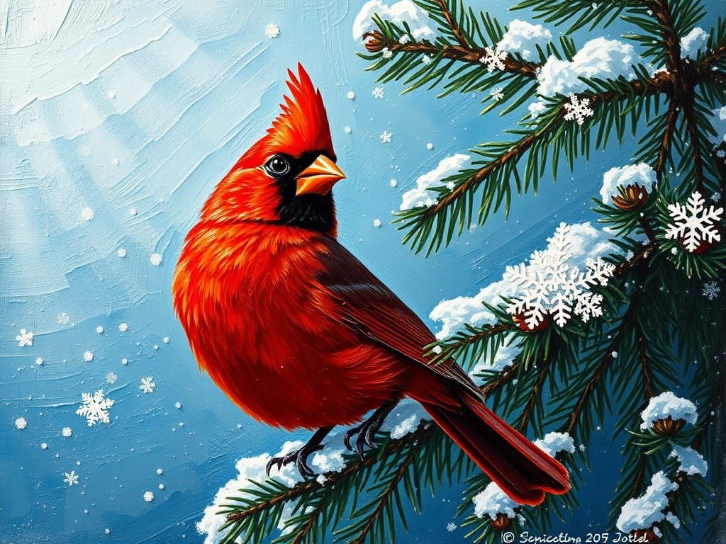 Stunning Impasto Oil Painting of a Cardinal in Snowy Winter...