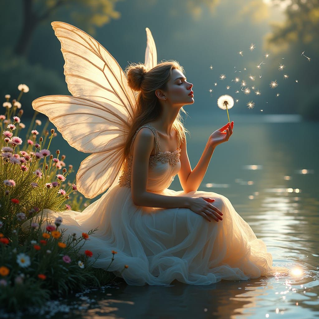 Ethereal Fairy Blowing Dandelion Seeds