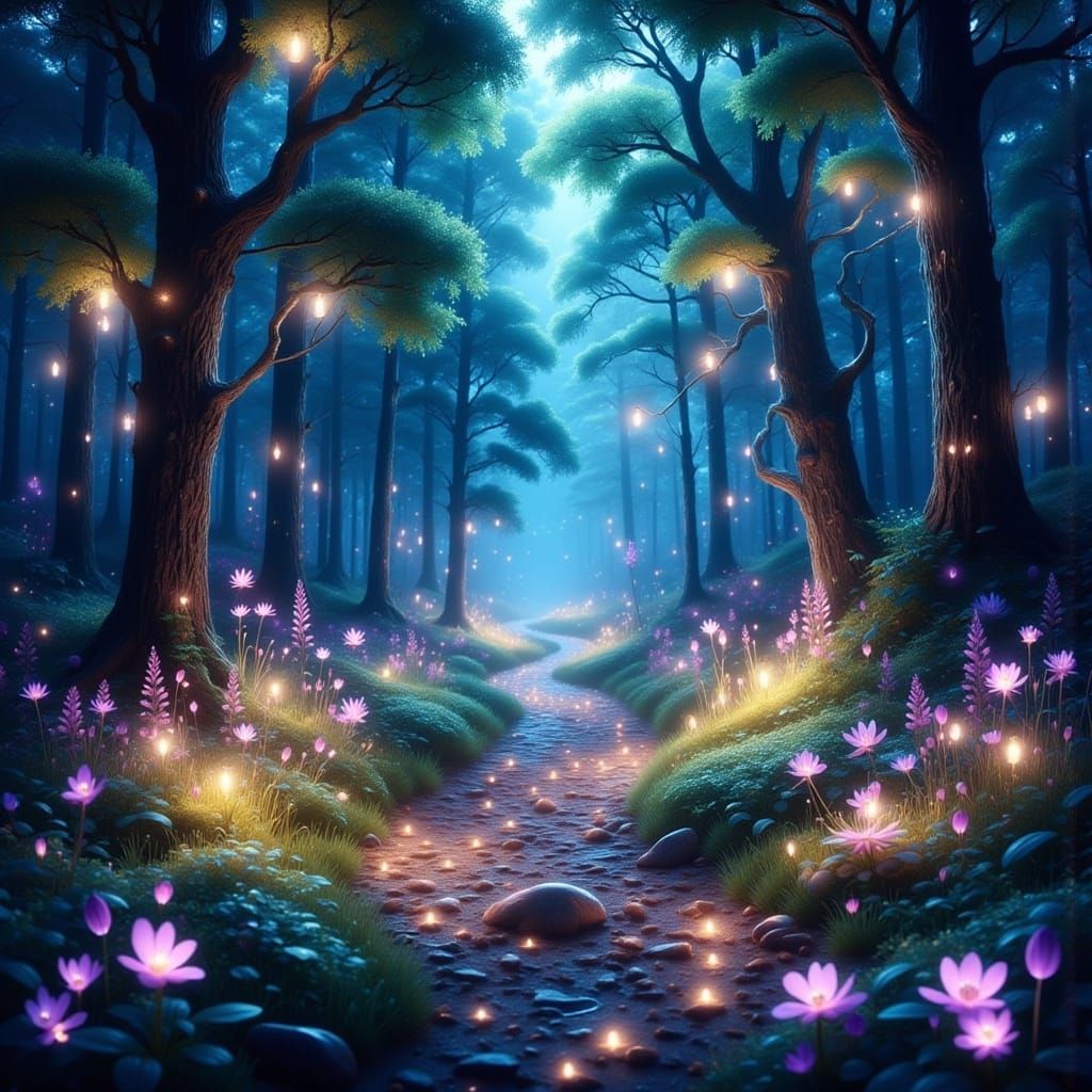 Mystical Forest Path with Lilac and Blue Mist