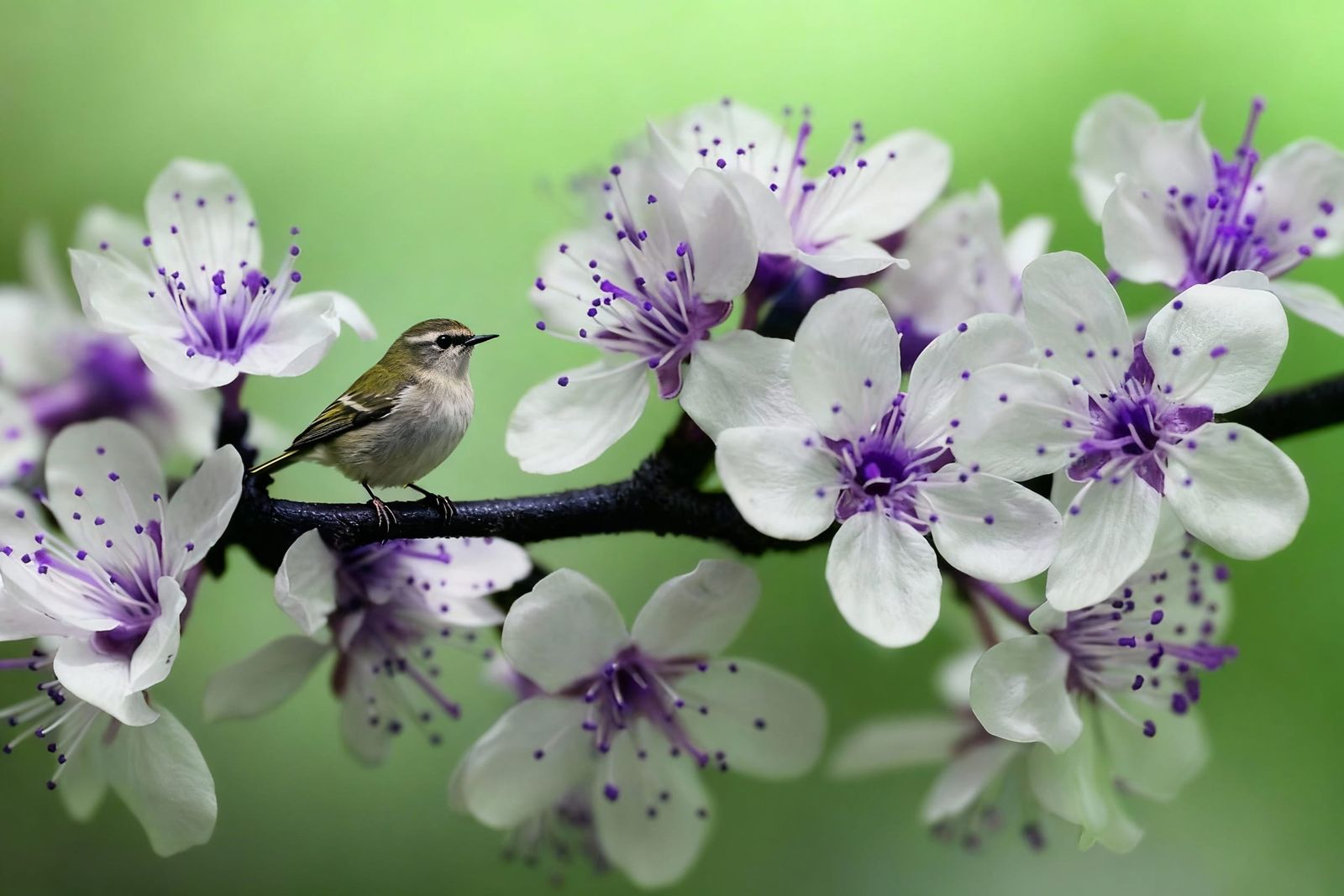 Bird Perched on Cherry Blossom Branch