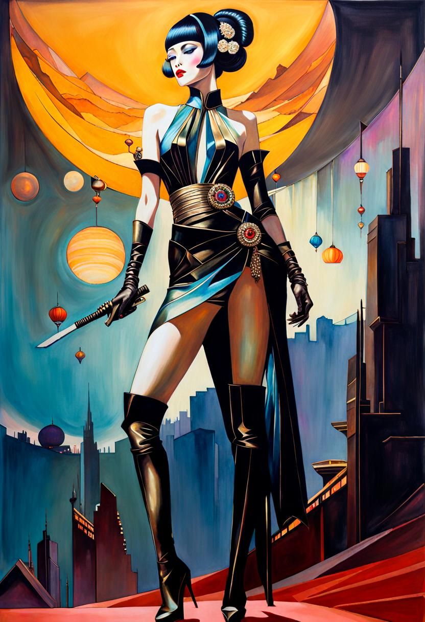 Pale Geisha in Galactic Oasis: Art Deco Masterpiece