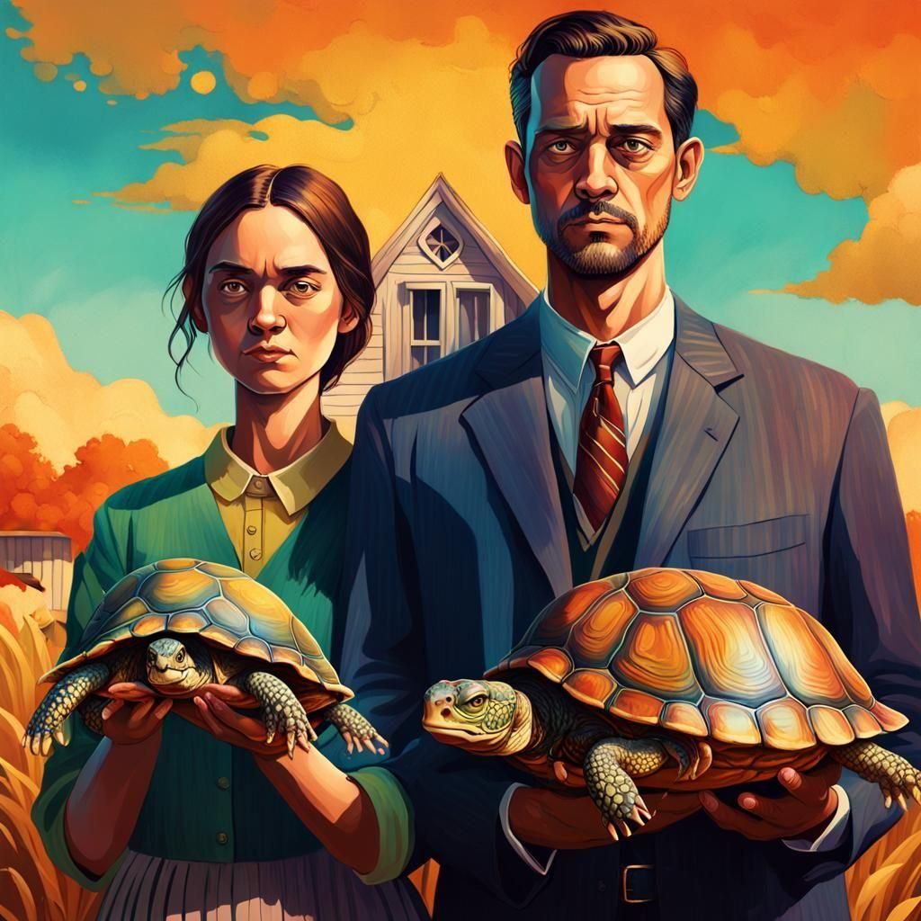 American Gothic with Turtles in Hyperrealistic Style