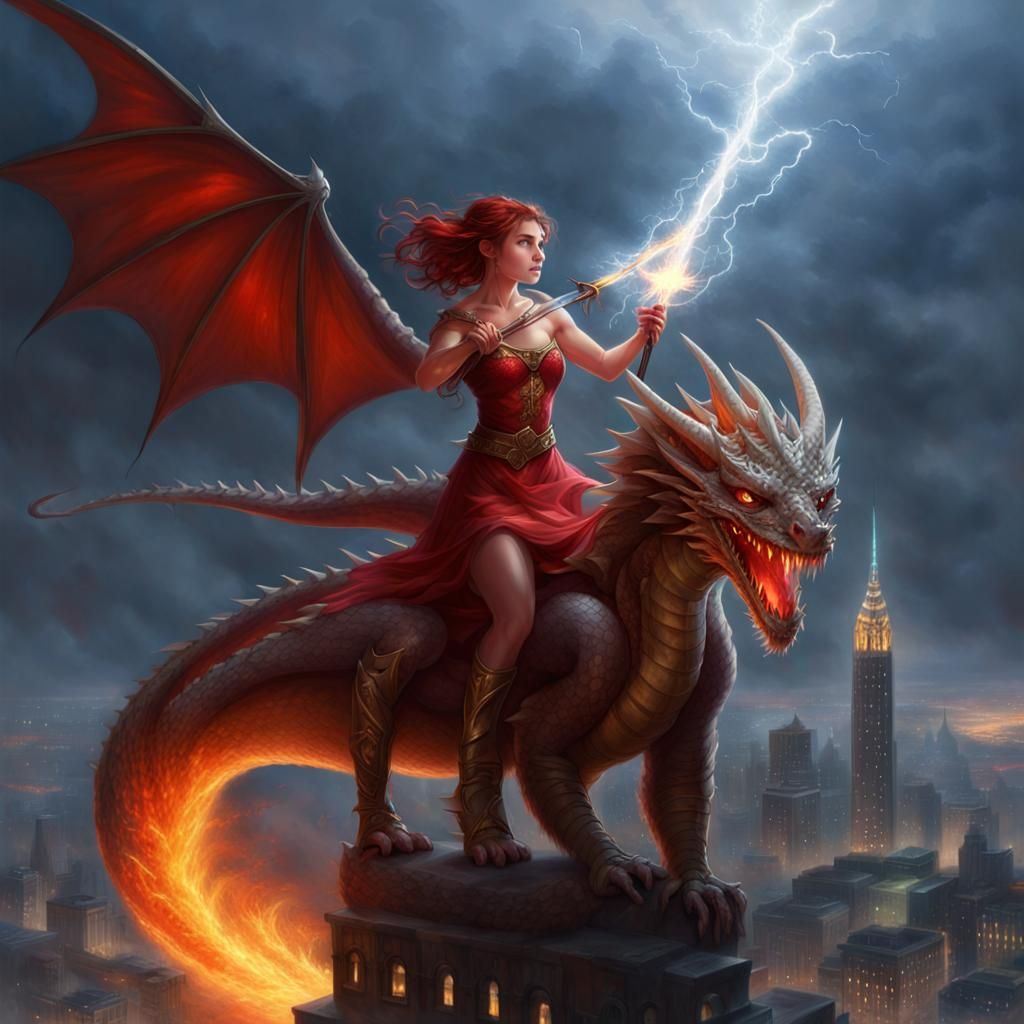 Warrior Girl on Dragon, Hyperdetailed Fantasy Art