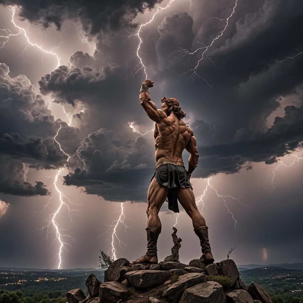 Hercules and Lightning Strike: Hyperrealistic Image