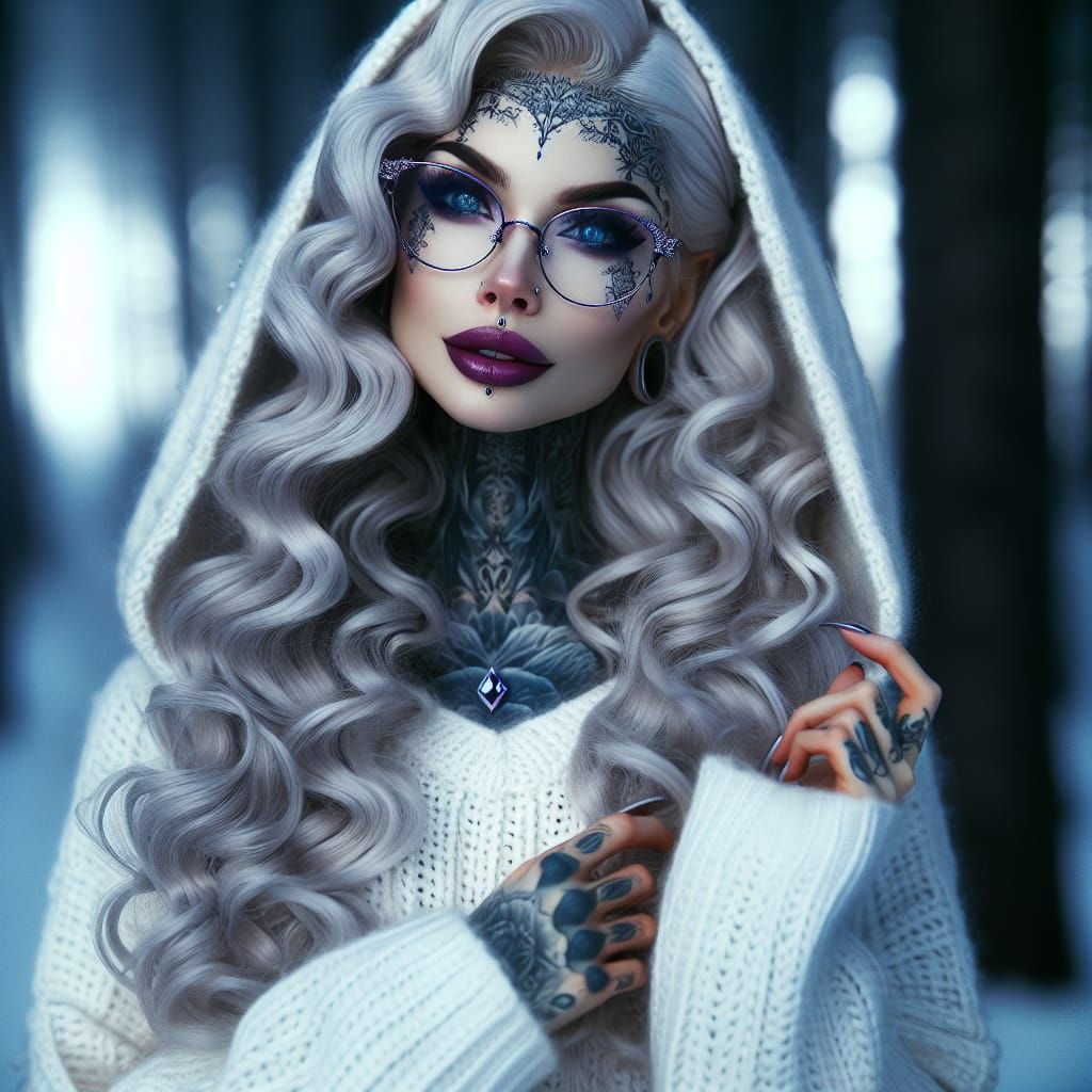 Gothic Woman with Platinum Hair in Winter Forest