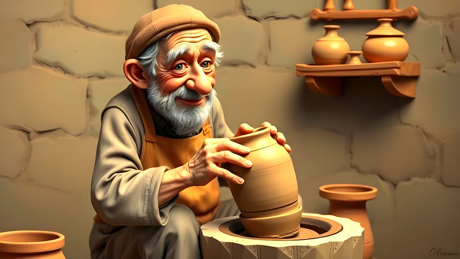 Old Potter at Work in Claymation Style